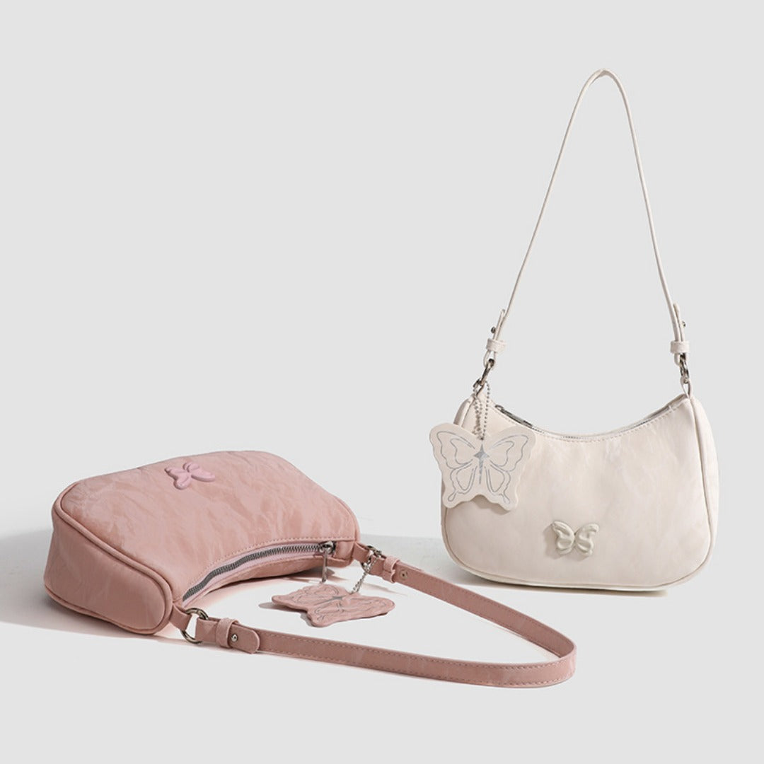 Small Hobo Bag with Bow Keychain - Women's Pink Ivory Beige Square Shoulder Crossbody Bag -dropshippingabc.com