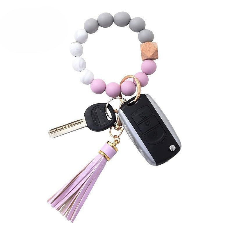 PU Tassel Keychain Bag charm Silicone Beaded Keychain Wristlet Key Ring Bracelet Cute Car Key Chain Holder for Women Girls