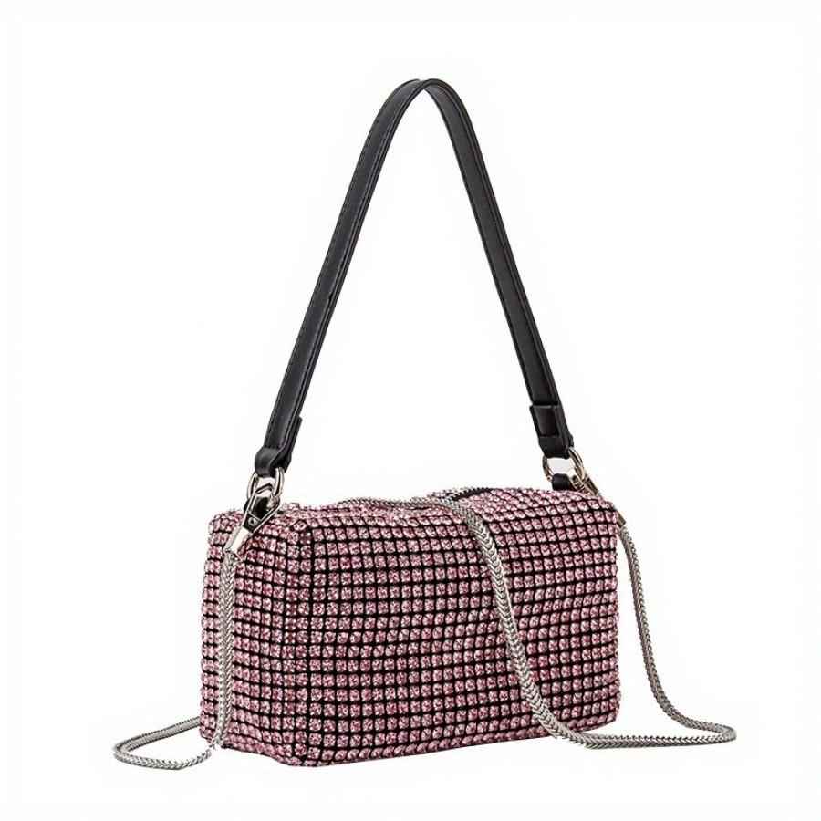 Fully Rhinestone Evening Bag - Rectangle Shape with Leather Handle & Detachable Crossbody Chain, Small Party Shoulder Purse