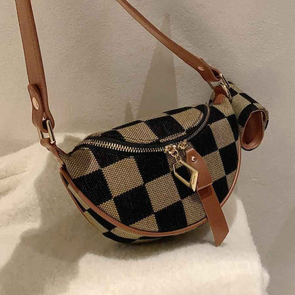 Checkerboard Canvas Crossbody Bag - 2-in-1 Compact Chest Bag & Fanny Pack for Everyday Commute