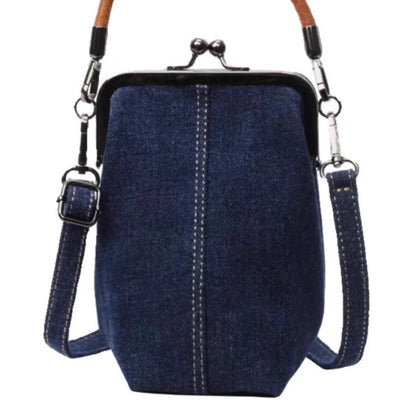 Denim Phone Bag with Clasp Closure - Soft Leather Handle & Adjustable Crossbody Strap -dropshippingabc.com