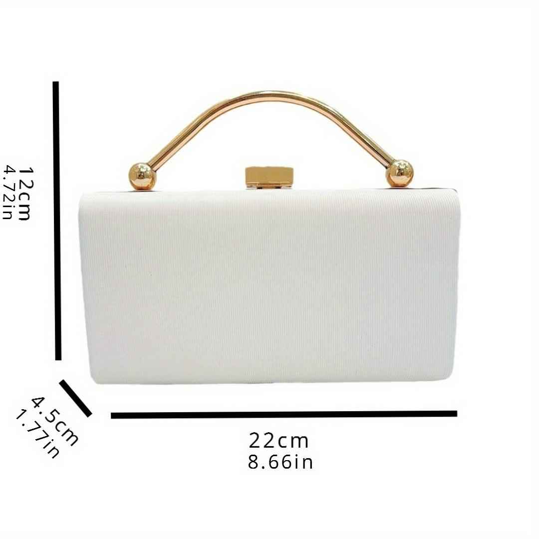 Rectangle Long Evening Purse - Leather Surface with Metal Top Handle & Detachable Crossbody Chain