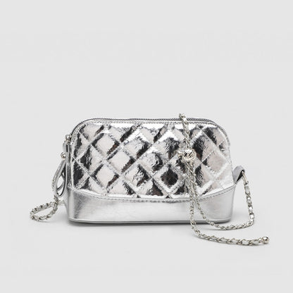 Small Casual Crossbody Bag with Long Chain Strap - Silver Metallic Checkered Shoulder Bag for Women -dropshippingabc.com