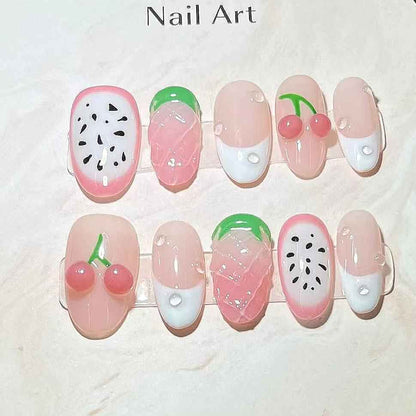 Acrylic 3D Floral Fruit Cute False Nails with Glue - Handmade short almond Press On Nails 1071