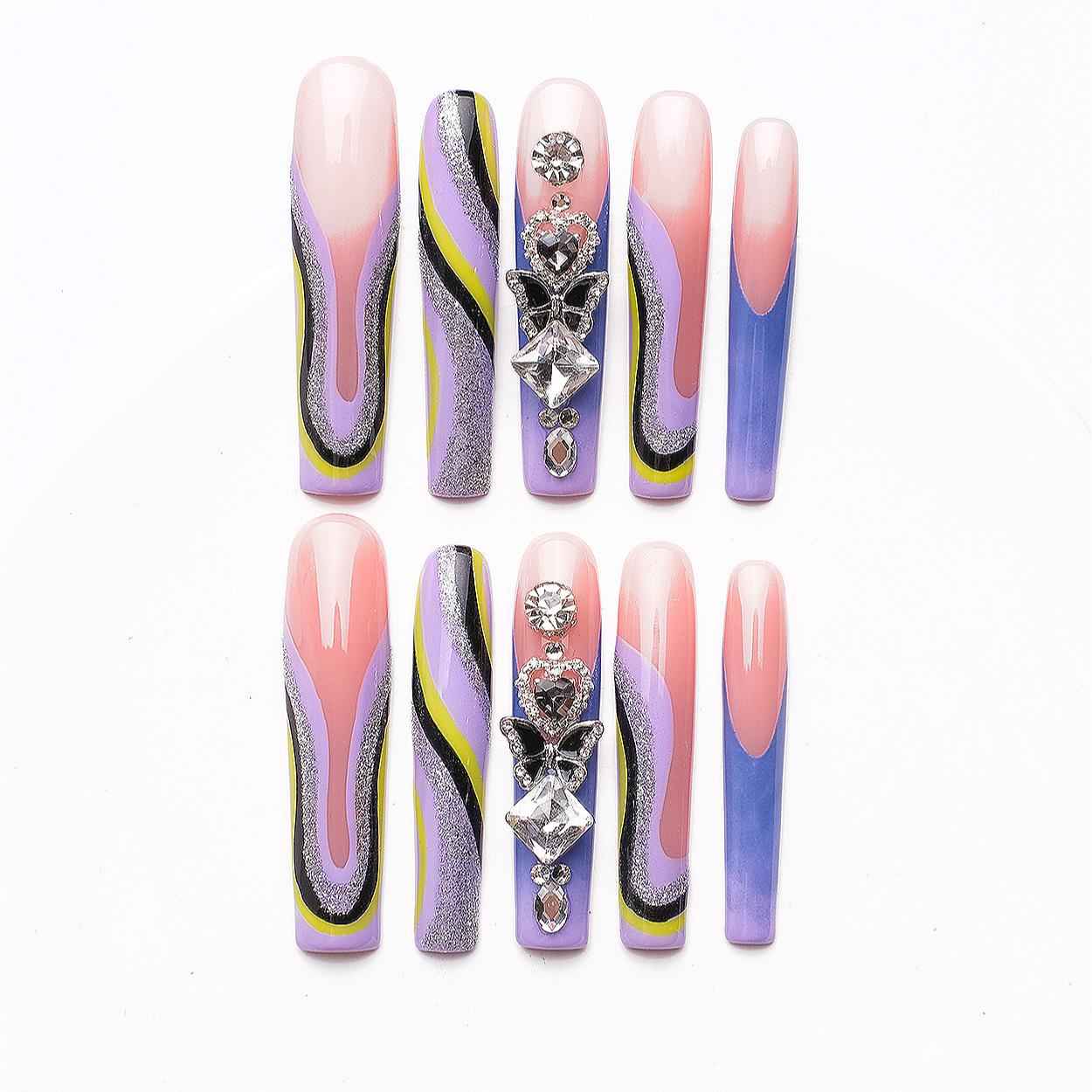 Handmade 3D Floral Press On Nails - Long Square Glitter Gradient False Nails with Glue 1068
