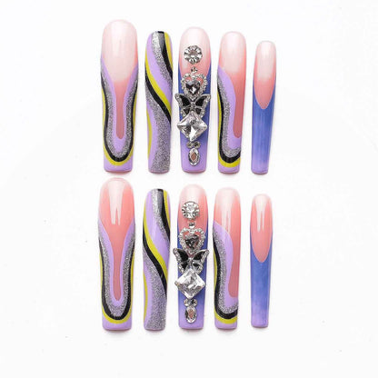 Handmade 3D Floral Press On Nails - Long Square Glitter Gradient False Nails with Glue 1068