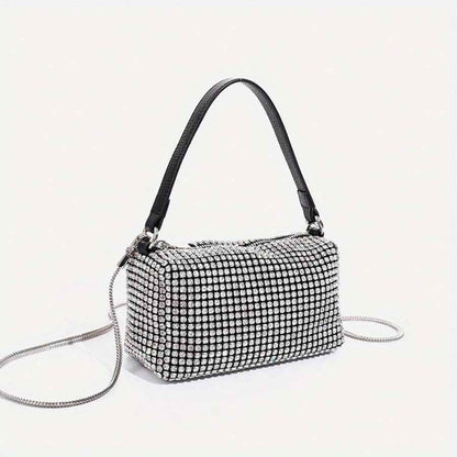 Fully Rhinestone Evening Bag - Rectangle Shape with Leather Handle & Detachable Crossbody Chain, Small Party Shoulder Purse