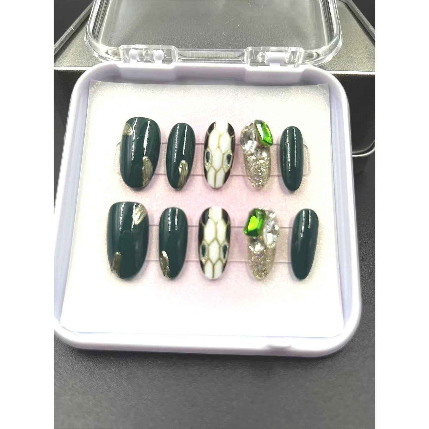 Dark Green Leopard Print Press On Nails - Handmade Art Fake Nails Removable with Glue Kit #1047