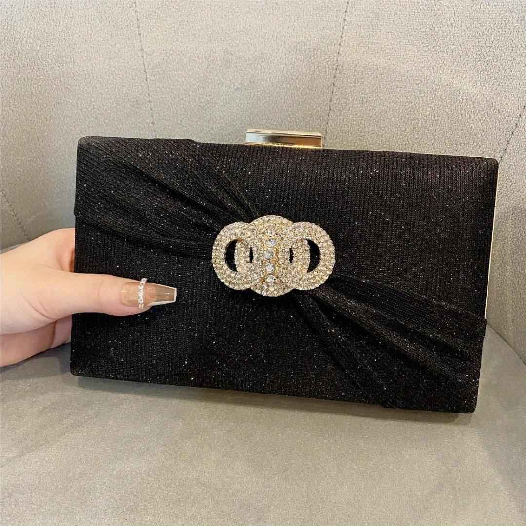 Long Rectangle Clutch Bag with Diamond Ribbon Button - Elegant Evening Purse for Wedding & Birthday Dinner