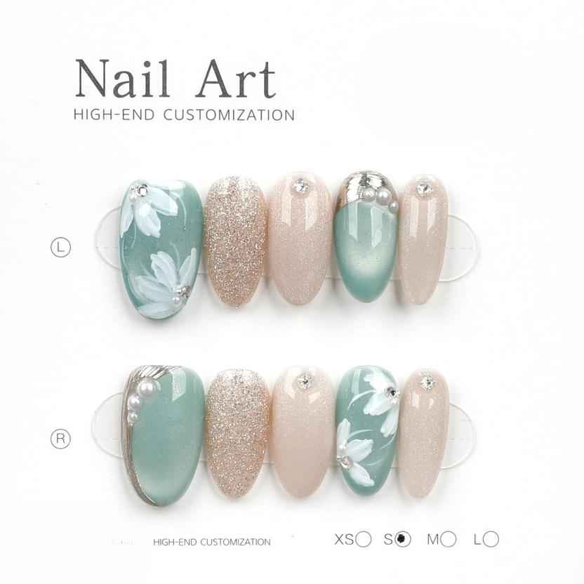 3D Floral & Handmade Drawing Press On Nails - Short Almond Fake Nails Removable with Glue Kit #1050