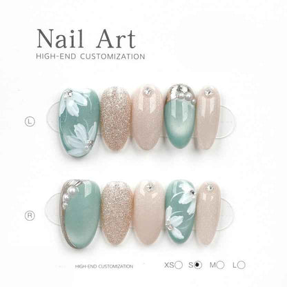 3D Floral & Handmade Drawing Press On Nails - Short Almond Fake Nails Removable with Glue Kit #1050