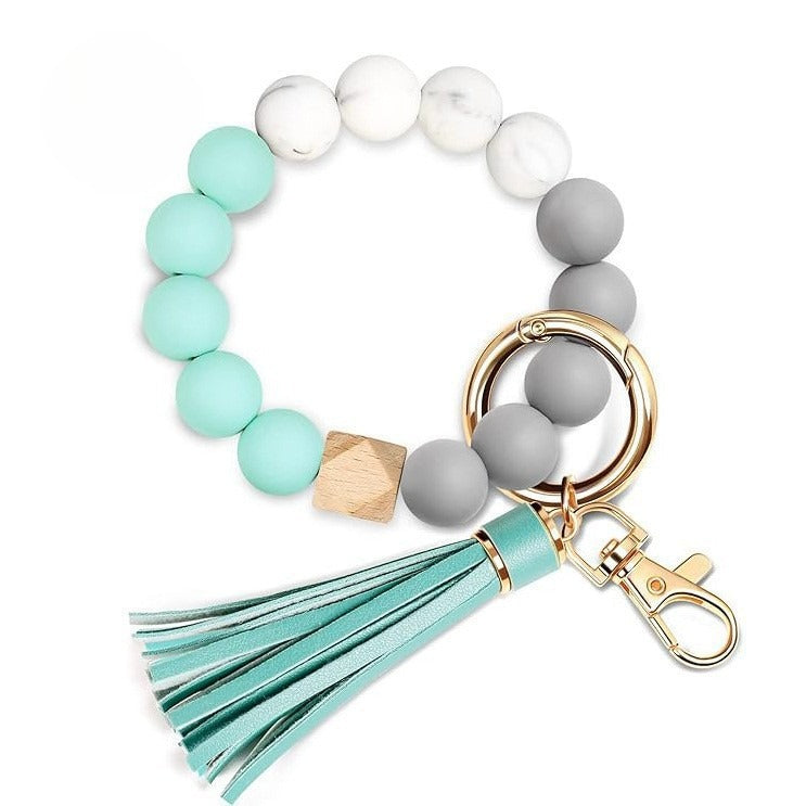PU Tassel Keychain Bag charm Silicone Beaded Keychain Wristlet Key Ring Bracelet Cute Car Key Chain Holder for Women Girls