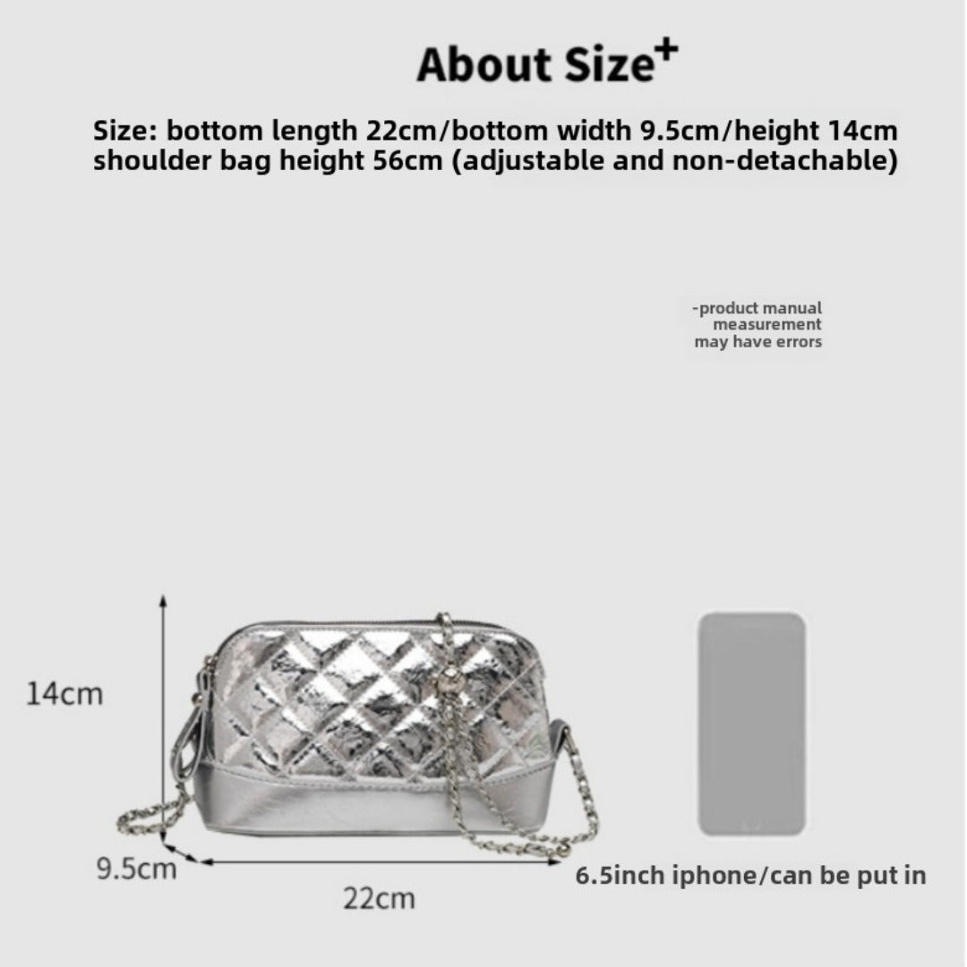 Small Casual Crossbody Bag with Long Chain Strap - Silver Metallic Checkered Shoulder Bag for Women -dropshippingabc.com