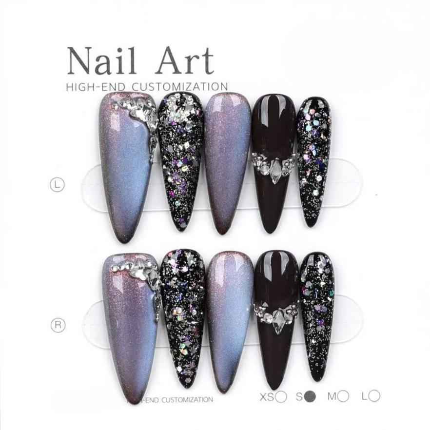 Shiny Black Stiletto Press On Nails - Medium Length Glossy Fake Nails Removable with Glue Kit #1043