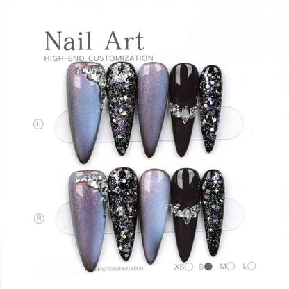 Shiny Black Stiletto Press On Nails - Medium Length Glossy Fake Nails Removable with Glue Kit #1043