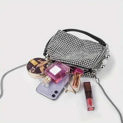 Fully Rhinestone Evening Bag - Rectangle Shape with Leather Handle & Detachable Crossbody Chain, Small Party Shoulder Purse