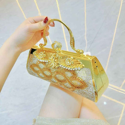 Long Rhinestone Evening Purse - Metal Top Handle Dinner Bag, Elegant Cocktail Dress Clutch for Parties