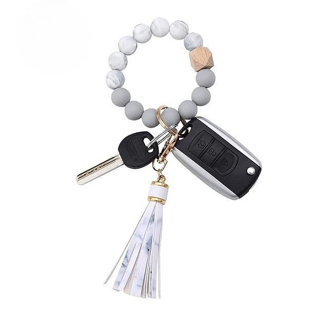 PU Tassel Keychain Bag charm Silicone Beaded Keychain Wristlet Key Ring Bracelet Cute Car Key Chain Holder for Women Girls