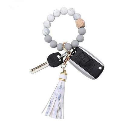 PU Tassel Keychain Bag charm Silicone Beaded Keychain Wristlet Key Ring Bracelet Cute Car Key Chain Holder for Women Girls