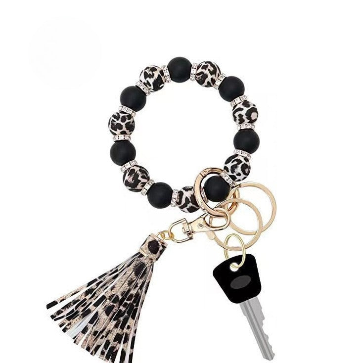 PU Tassel Keychain Bag charm Silicone Beaded Keychain Wristlet Key Ring Bracelet Cute Car Key Chain Holder for Women Girls