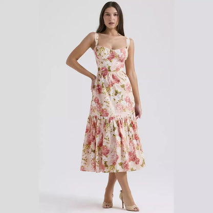 Sweet and spicy wind suspender solid color A pendulum floral dress women -dropshippingabc.com