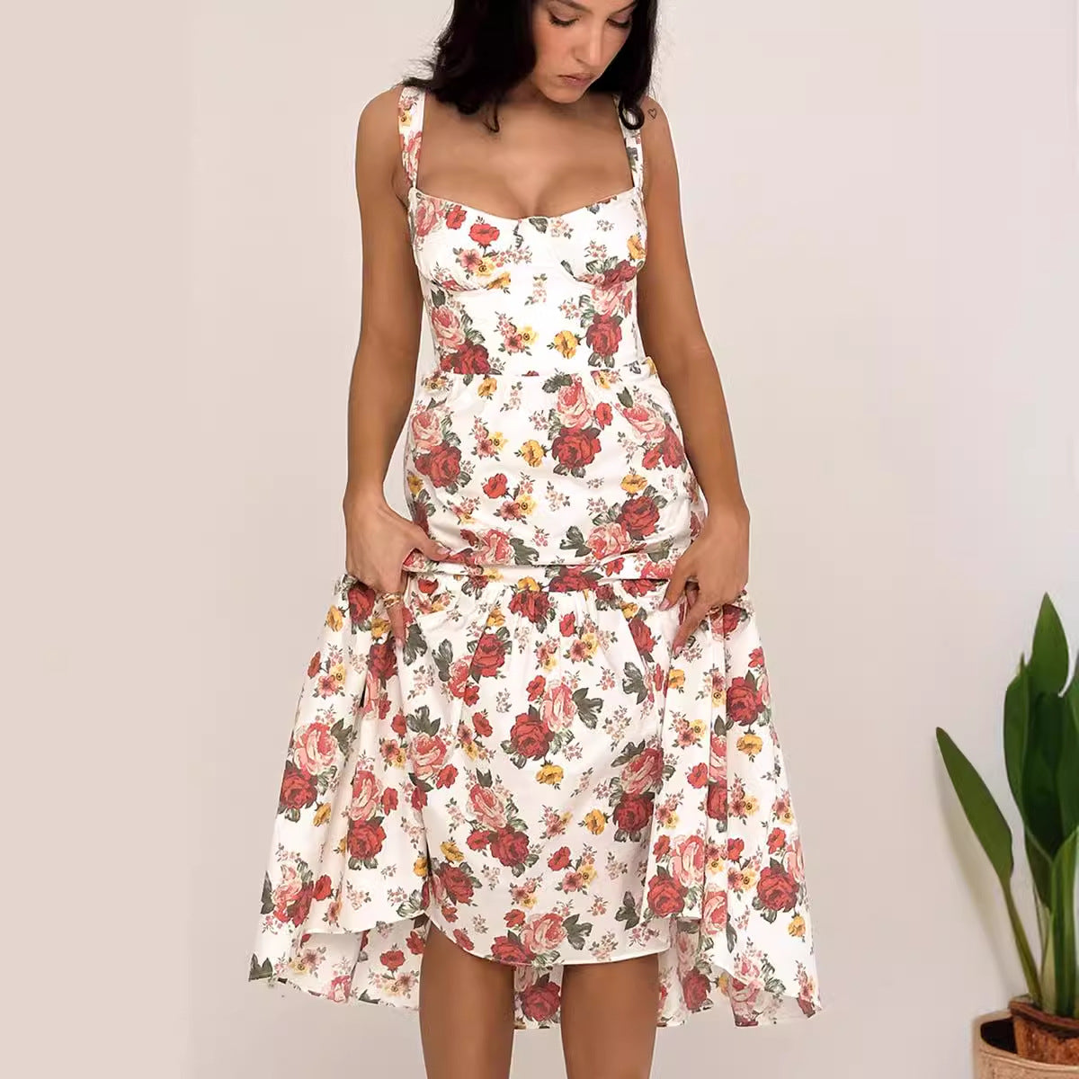 Sweet and spicy wind suspender solid color A pendulum floral dress women -dropshippingabc.com